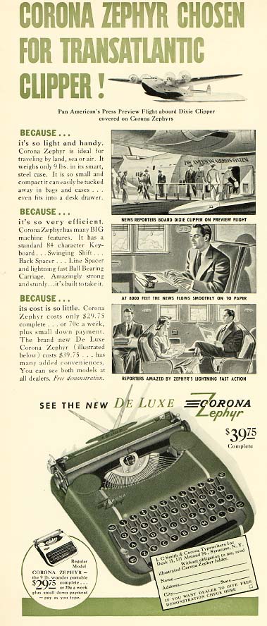 1940s A Corona typewriter joint advertisement with Pan American indicating the Corona machine was carried aboard the Pan American Clippers.
